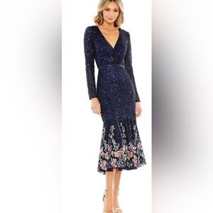 Navy Multicolor Faux Wrap Long Sleeve Tea Length Dress